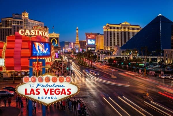 Las Vegas Strip at night with iconic neon lights and casinos